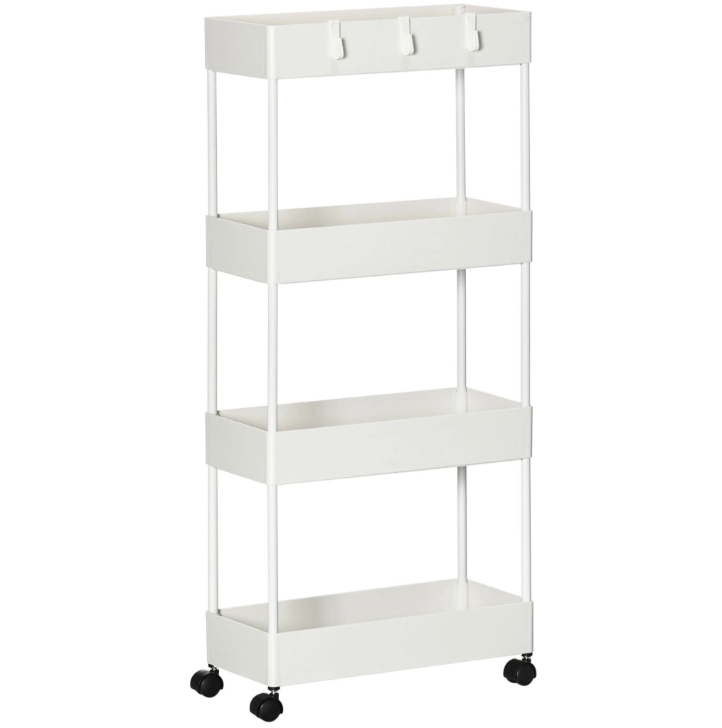 Carrello portaoggetti 40x19x90 cm a 4 ripiani con ruote e freni in acciaio bianco