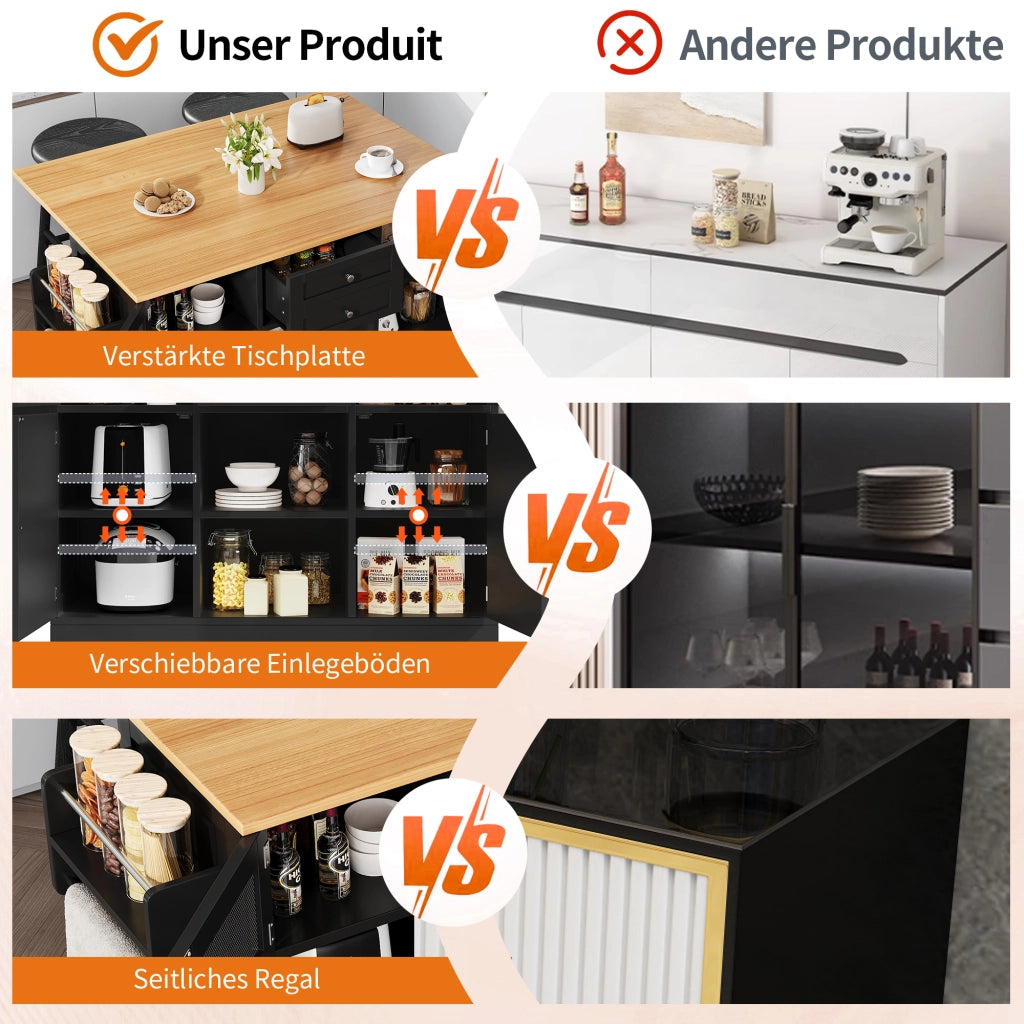 CARRELLO DA CUCINA 140x70/40x93,5 cm Nero in MDF con piano ribaltabile