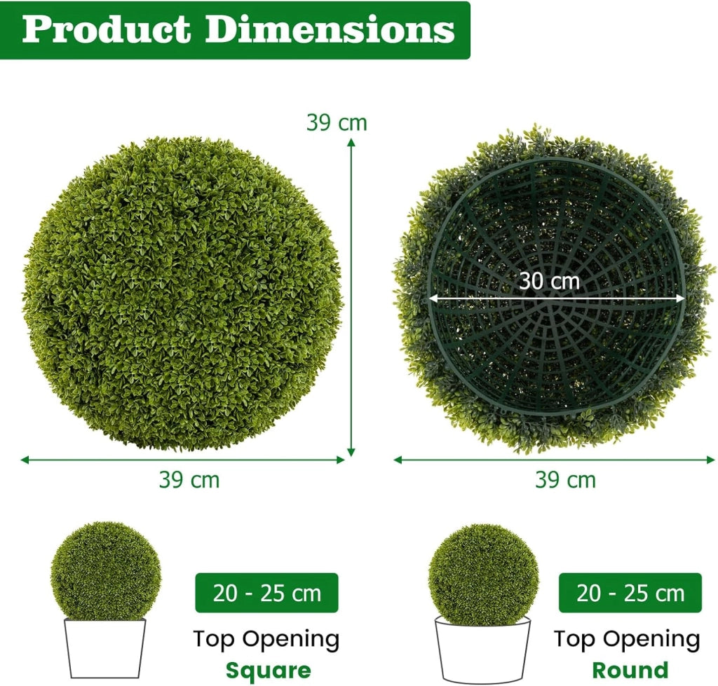 Set di 2 Palline Decorative di Pianta Artificiale, Piante Sferiche da 39 cm, con Foglie Simulate Resistente al Sole, Piante Decorative per Balcone, Patio, Casa, Matrimonio