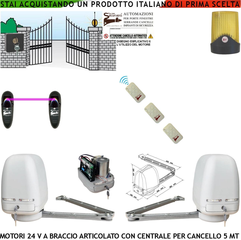 Cancello Automatico Kit Motori a Braccio Articolato 24 V 2 Ante da 0,5 a 2,5 MT Centrale 220/24 V Selettore 3 Radiocomandi Faro Coppia Fotocellule