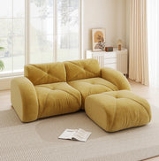 Divano modulare 2 posti con pouf in chenille gialla; 204x171x76 cm
