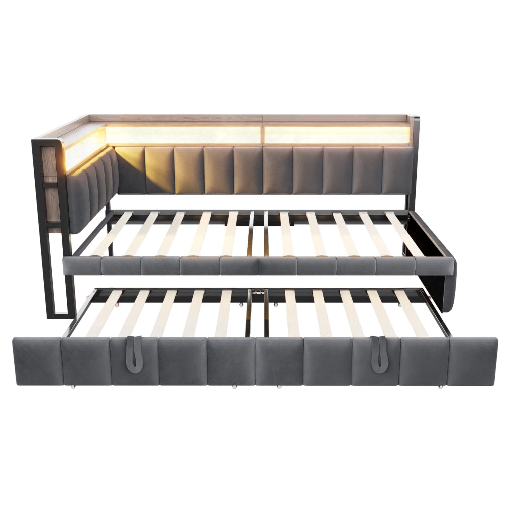 Divano letto estraibile 90x200 cm in velluto grigio scuro con LED; USB e vano portaoggetti
