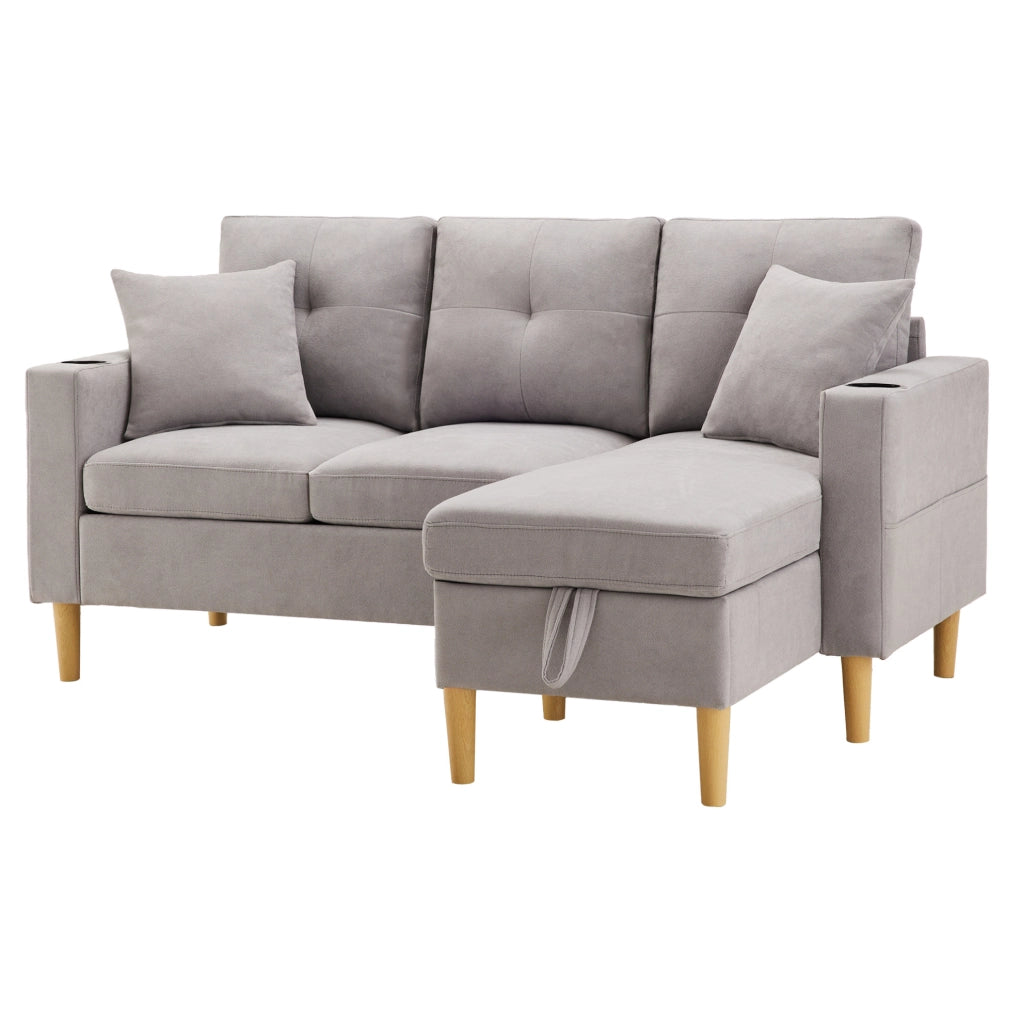 Divano angolare 3 posti con chaise longue e contenitore grigio