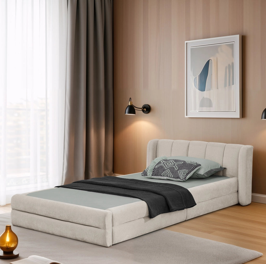 Letto singolo 90x200 cm imbottito in ciniglia beige
