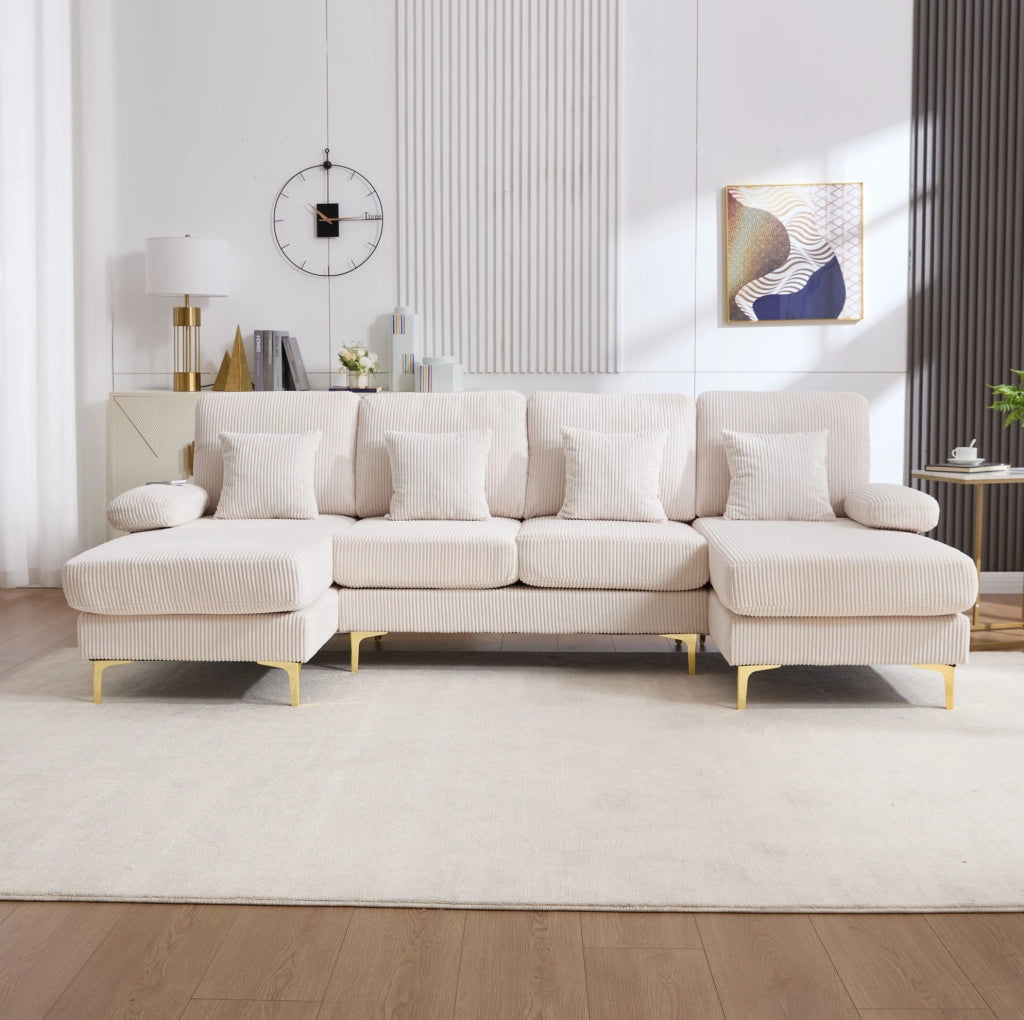Divano a U in velluto beige con LED; porta USB e struttura in legno massiccio 265 cm
