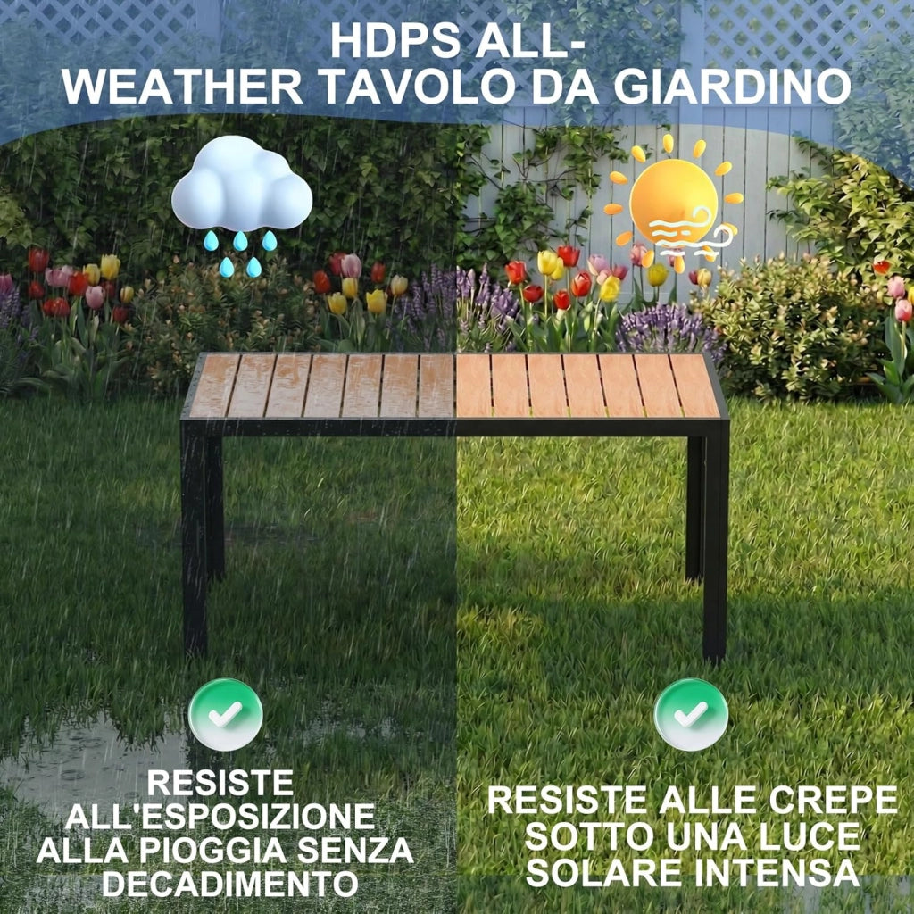 Tavolo da Giardino HDPS Resistente alle Intemperie, 150 x 80 x 74 cm Tavolino da Esterno Finitura a Vena di Legno e Facile da Manutenzionare, Tavolo da Pranzo Esterno per 4 a 6 Persone,Naturale