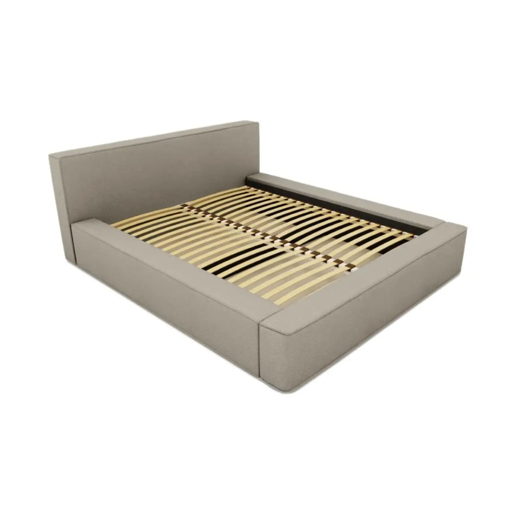Letto contenitore VELORA – Lino naturale bouclé – 160x200 cm – Tessuto effetto lana – Rete sollevabile – Contenitore integrato