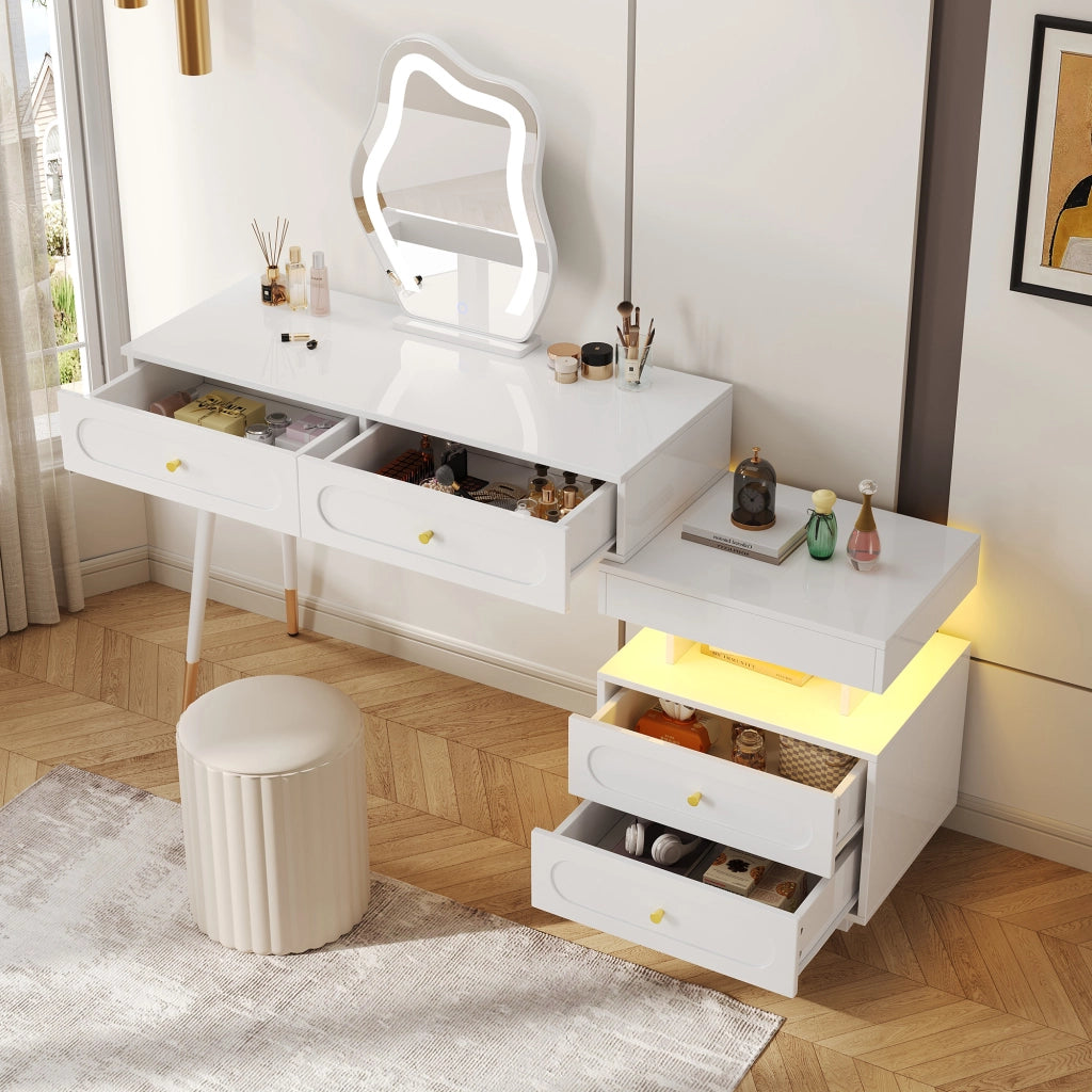 Toeletta con 4 cassetti; LED e vano aperto per camera da letto - bianco - 140×40×130 cm