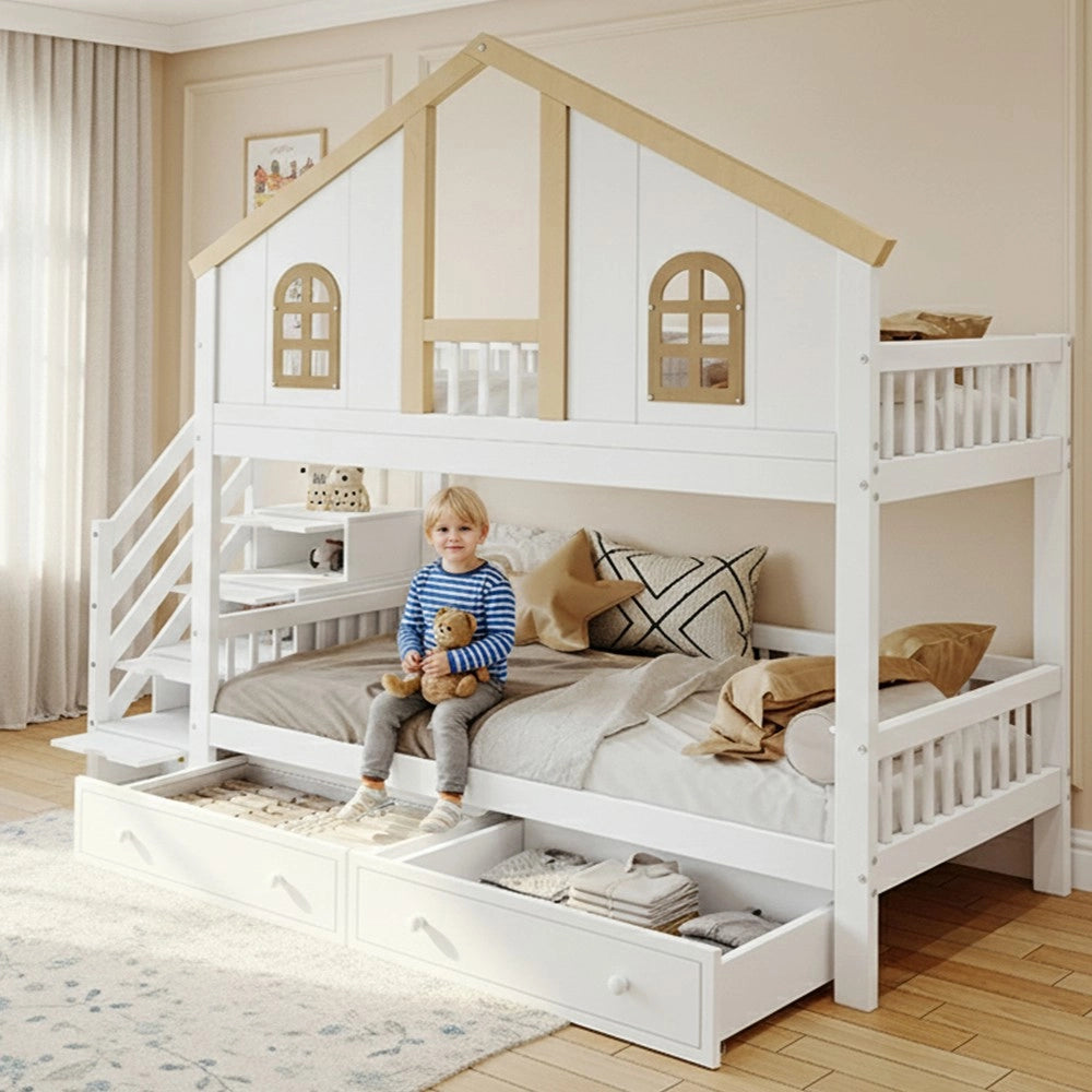 Letto a Castello Bambini con Cassetti e Scala ¨C Xylo ¨C Pino MDF Bianco Naturale 90x200