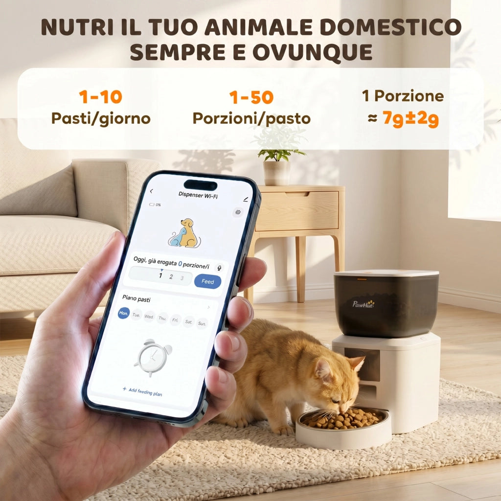 Distributore Automatico Cibo Gatti e Cani 4L WiFi 2.4G, App Controllo con Telecamera, Ciotola, Bianco