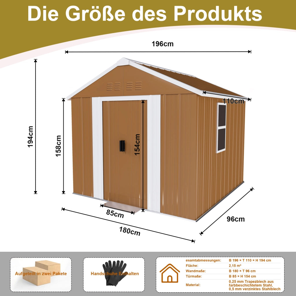 Casetta da giardino in metallo con doppia porta scorrevole, aerazione e tetto a due falde marrone 180 × 96 × 194 cm