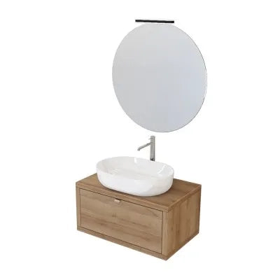 Mobile bagno sospeso 80 cm rovere miele con lavabo a bacinella e specchio tondo Master