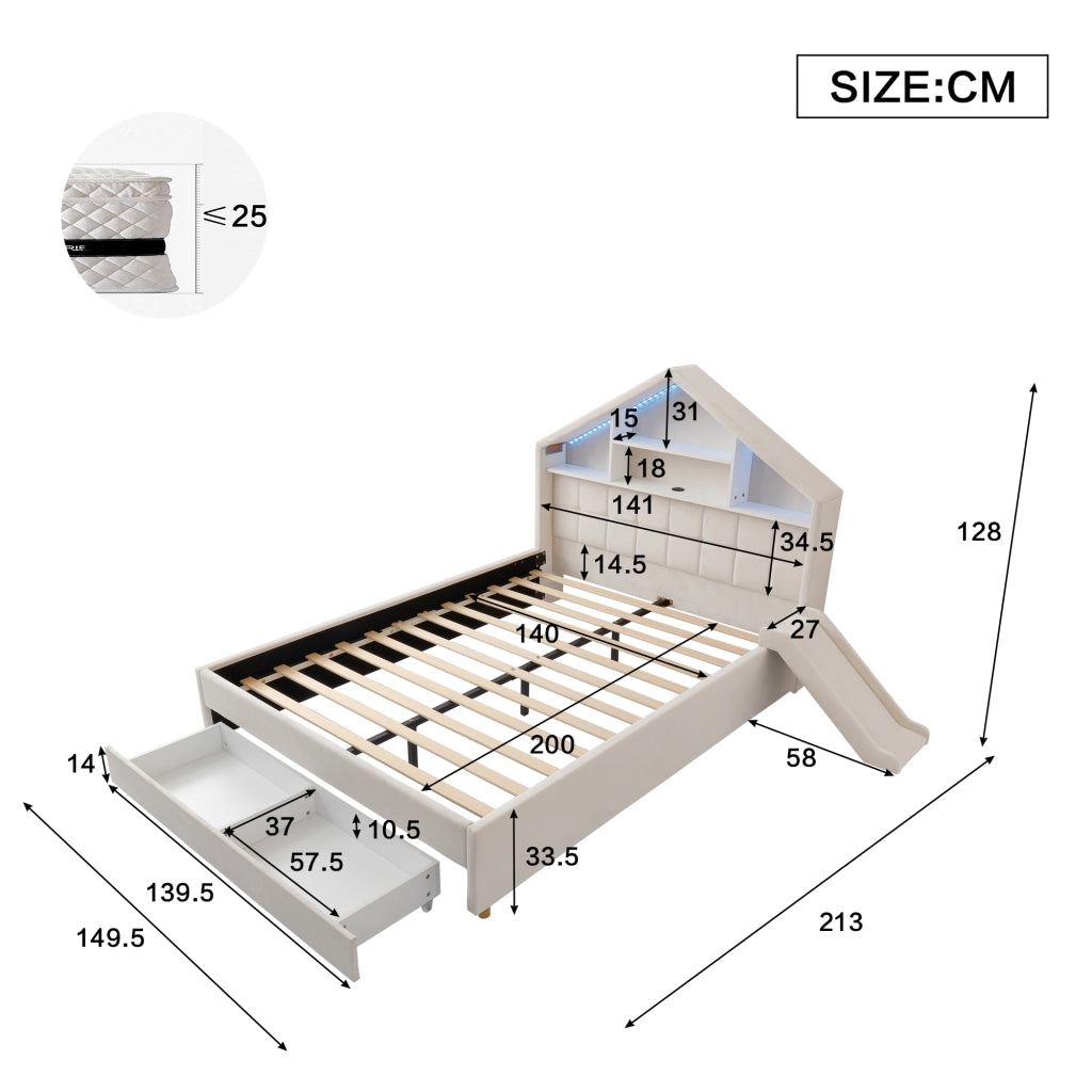 Letto per bambini imbottito con scivolo e LED, 140x200 cm, beige