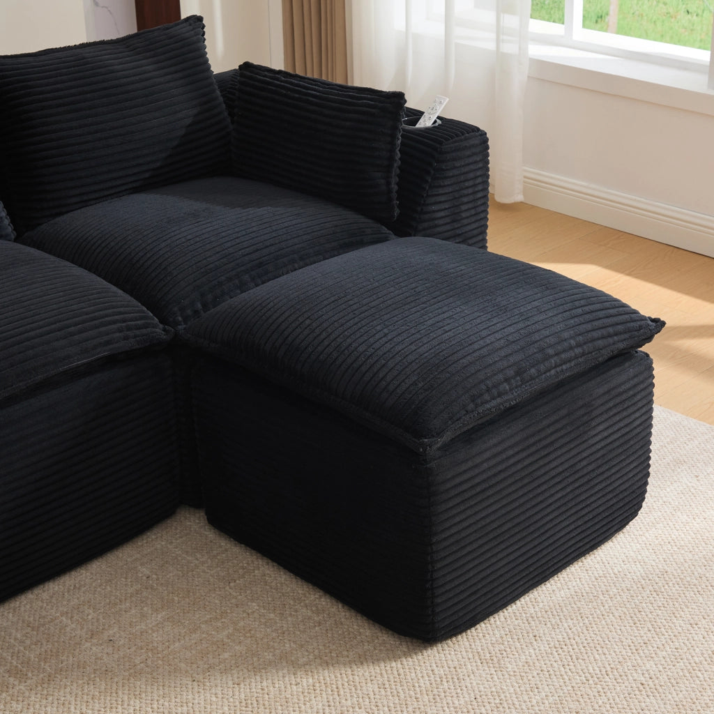 Divano modulare 322x161x75 cm combinabile con tasche laterali in velluto a coste nero