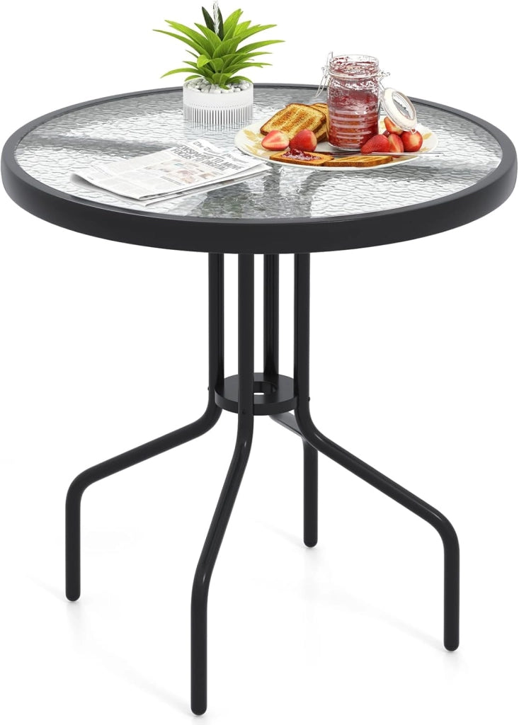 Tavolo rotondo da giardino con piano in vetro, 70 x 70 x 71 cm, tavolo da bistrot con foro per ombrellone da 4 cm, gambe in metallo resistente, tavolino per balcone, patio