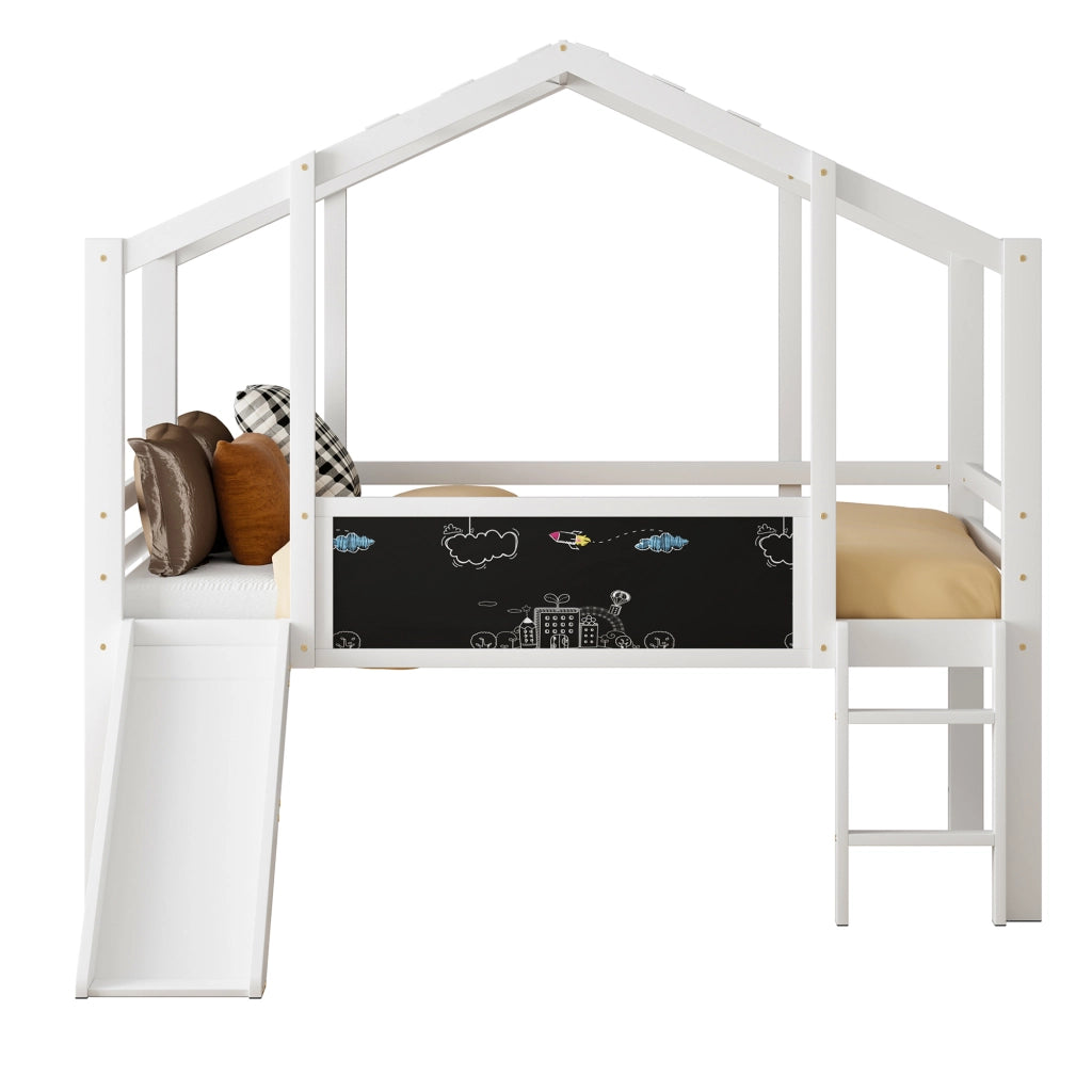 Letto a castello bianco in legno massello con scivolo e scala di sicurezza 90x200 cm