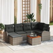 Set giardino in 7 pezzi con cuscini grigi in polyrattan e acacia