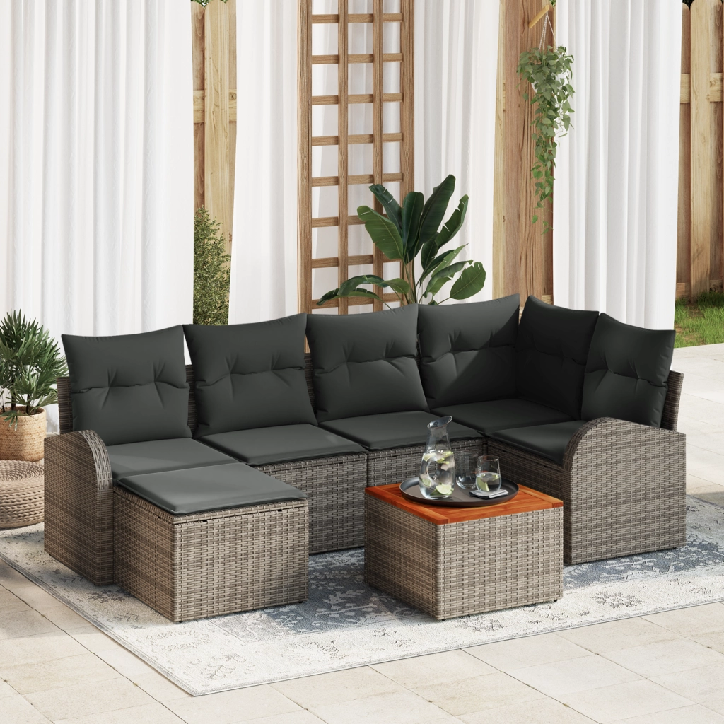 Set giardino in 7 pezzi con cuscini grigi in polyrattan e acacia