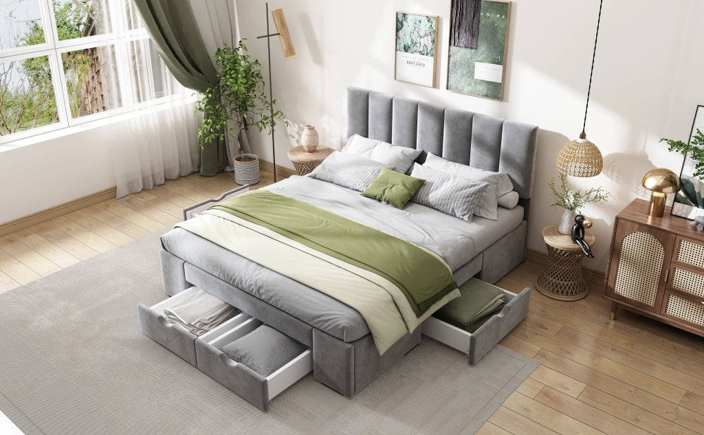 DESMIU Letto imbottito 140 × 200 cm 2 posti con 4 cassetti, testiera regolabile, senza materasso, velluto grigio