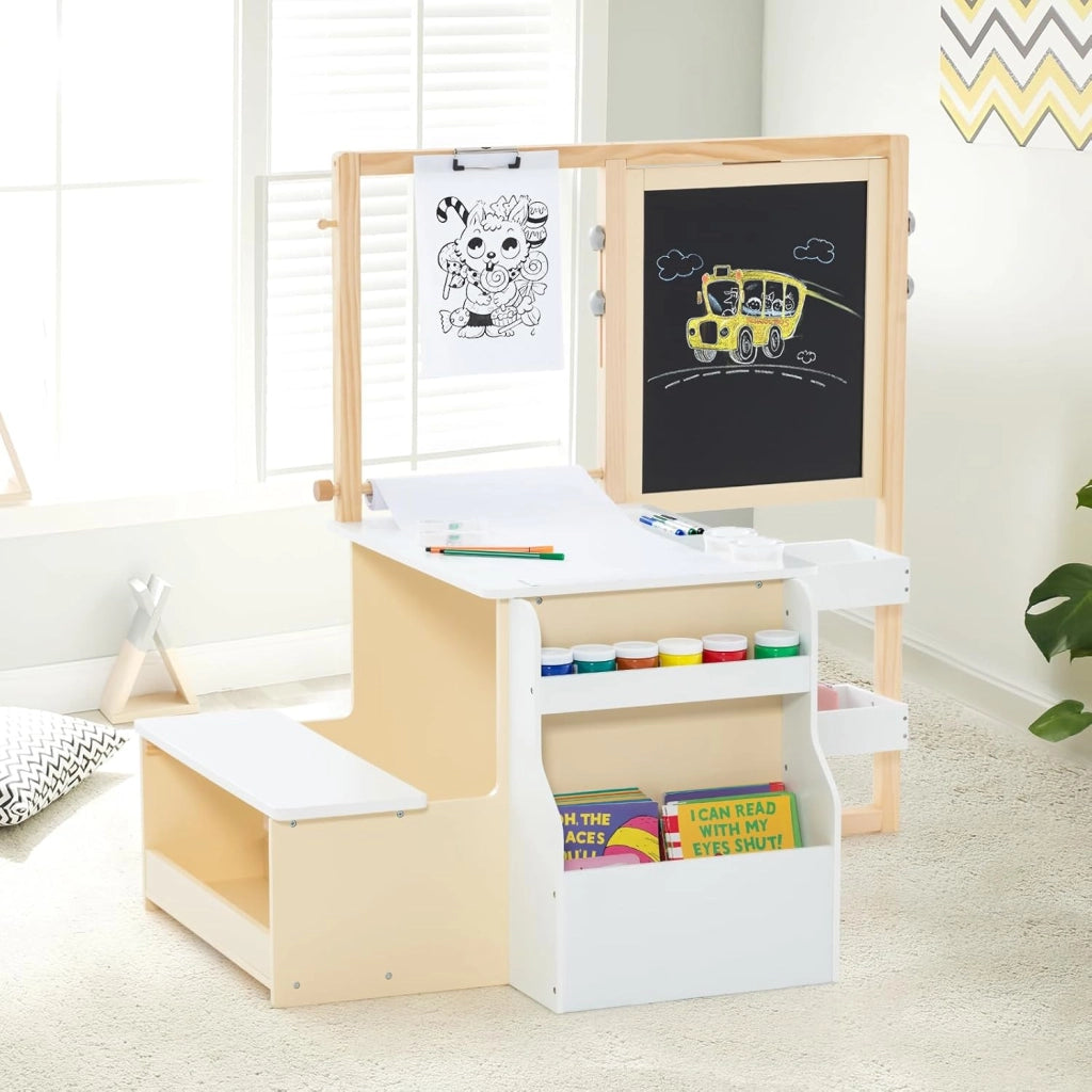 Set 3 in 1 Tavolo e Sedie per Bambini 3+ Anni, Tavolo in Legno Sicuro con Lavagna Cancellabile, Magnetica, Cavalletto Regolabile, Libreria e Accessori Artistici, Ideale per Disegno (Bianco)