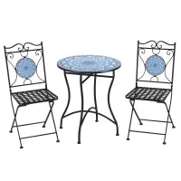 Set da Giardino 3 Pezzi, Tavolino e 2 Sedie Pieghevoli con Mosaico, Blu