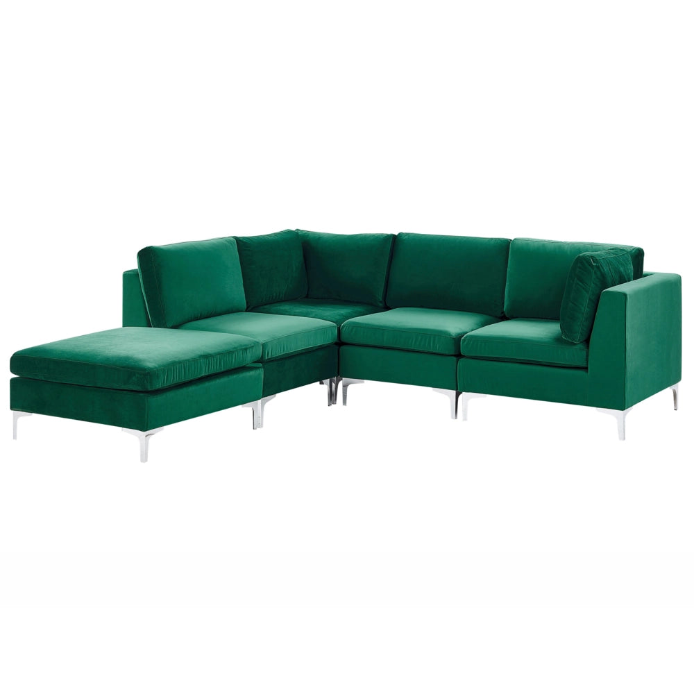 Divano ad angolo componibile versione destra a 4 posti in velluto verde con gambe in metallo argentato a forma di L ottomana Stile glamour