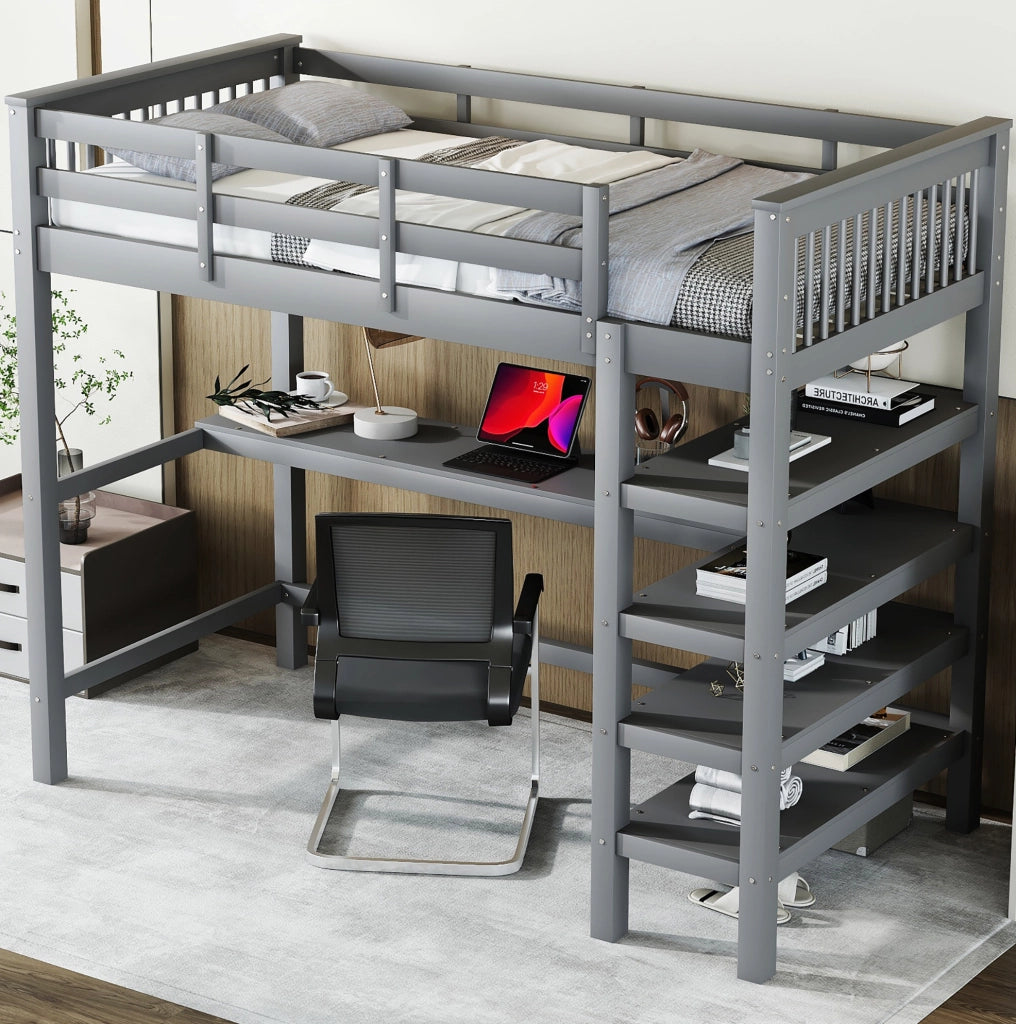 Letto a soppalco 90x200 cm con scrivania e vani portaoggetti in pino e MDF grigio