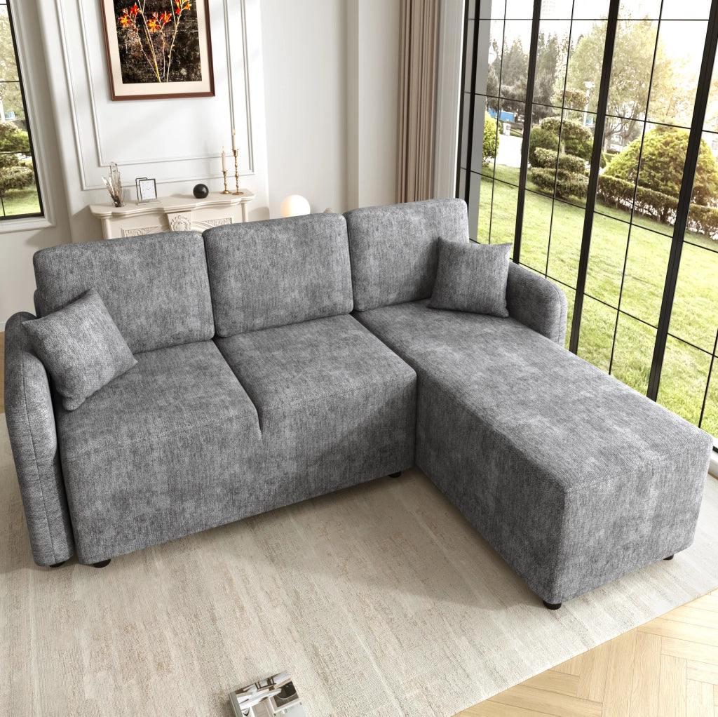 Divano angolare L 3 posti in chenille grigio con 2 cuscini; struttura in legno; compatto