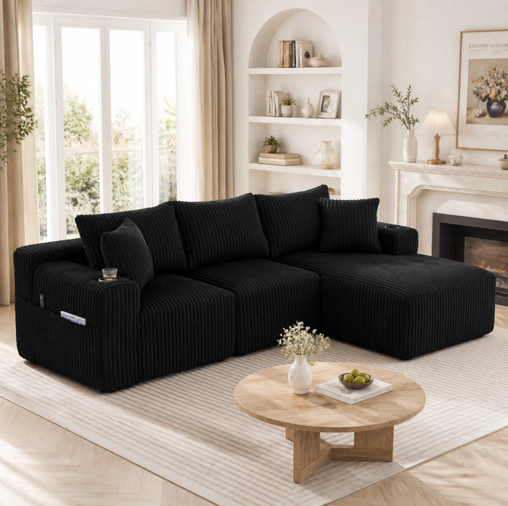 Divano modulare con chaise longue e 2 posti in corduroy nero; 257x160x62 cm