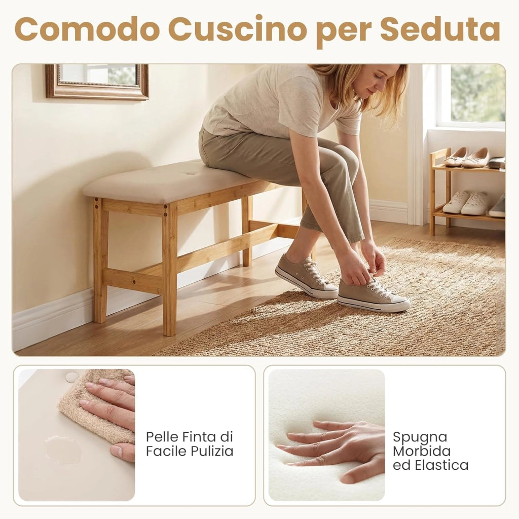 Panca Imbottita da 100 cm, Portata 200 kg, Panca con Bottoni Capitonné a Fine Letto con Seduta Imbottita, Finta Pelle Liscia e Struttura Robusta in Bambù per Camera da Letto e Ingresso
