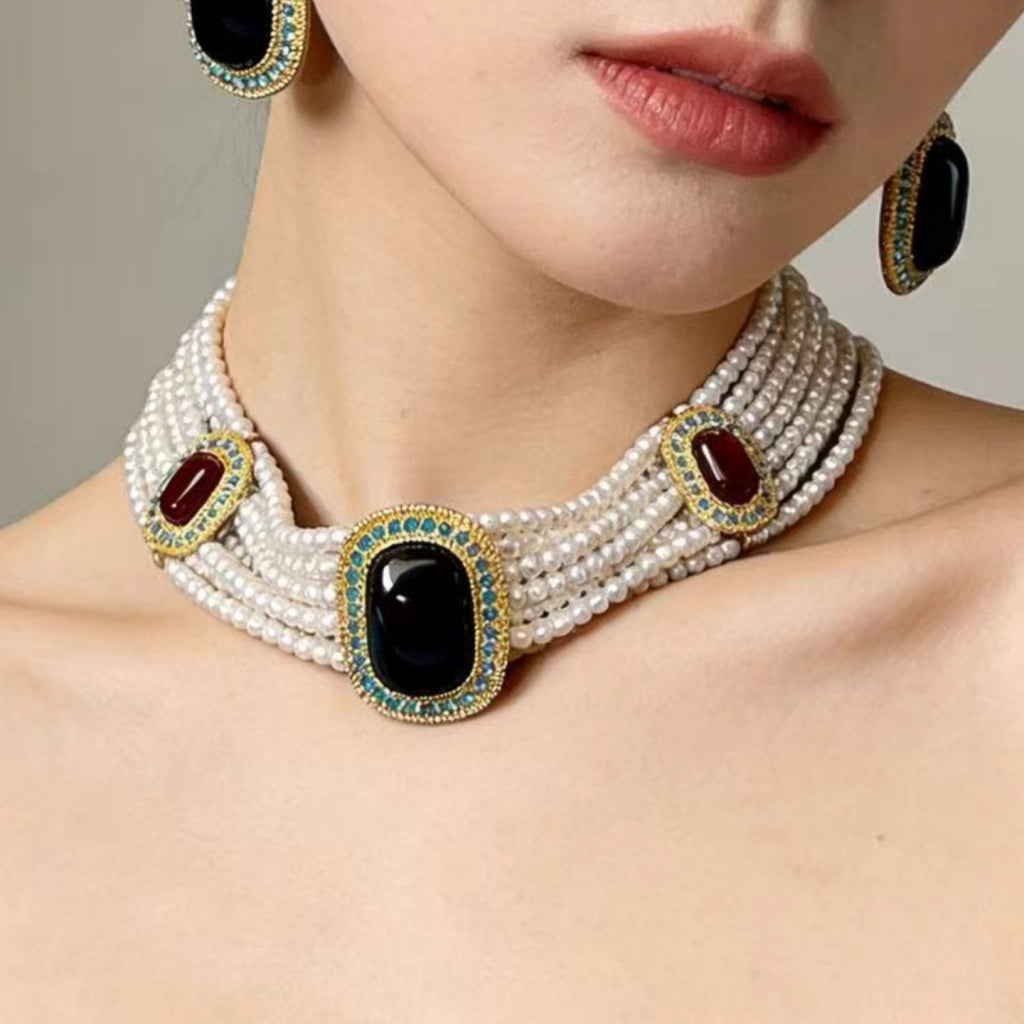 Orecchini pendenti vintage in stile western retr¨° con pietre preziose e collana multistrato di perle