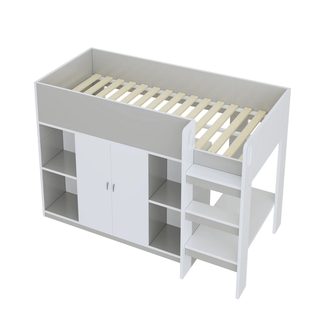 Letto a soppalco ULEVR 90x200 cm con armadio, ripiani aperti e scala integrata, bianco e grigio