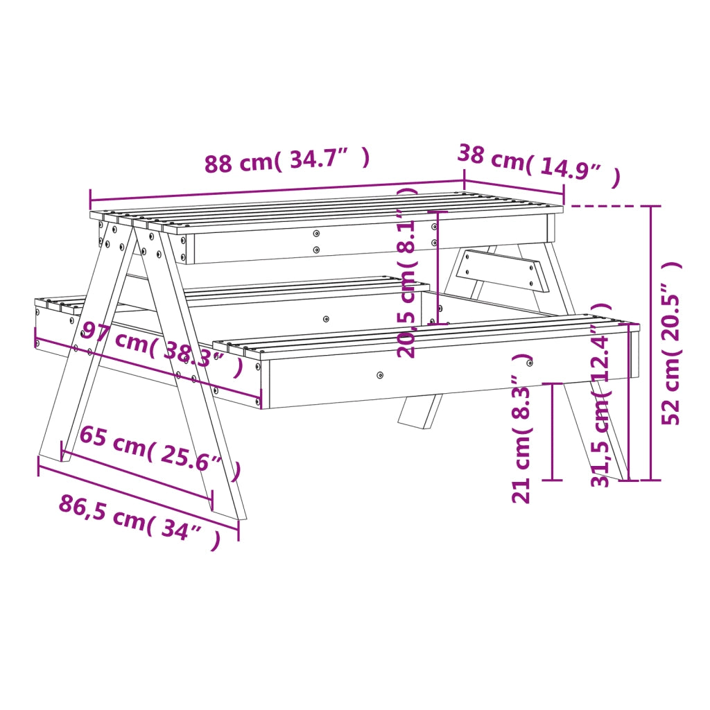 Tavolo da Picnic per Bambini 88x97x52 cm Legno Massello di Pino 832596