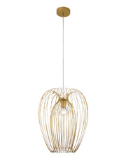 Lampada a sospensione Camp dal design industriale moderno, struttura in metallo, colore Oro opaco, attacco E27, ideale per illuminazione d'interni.