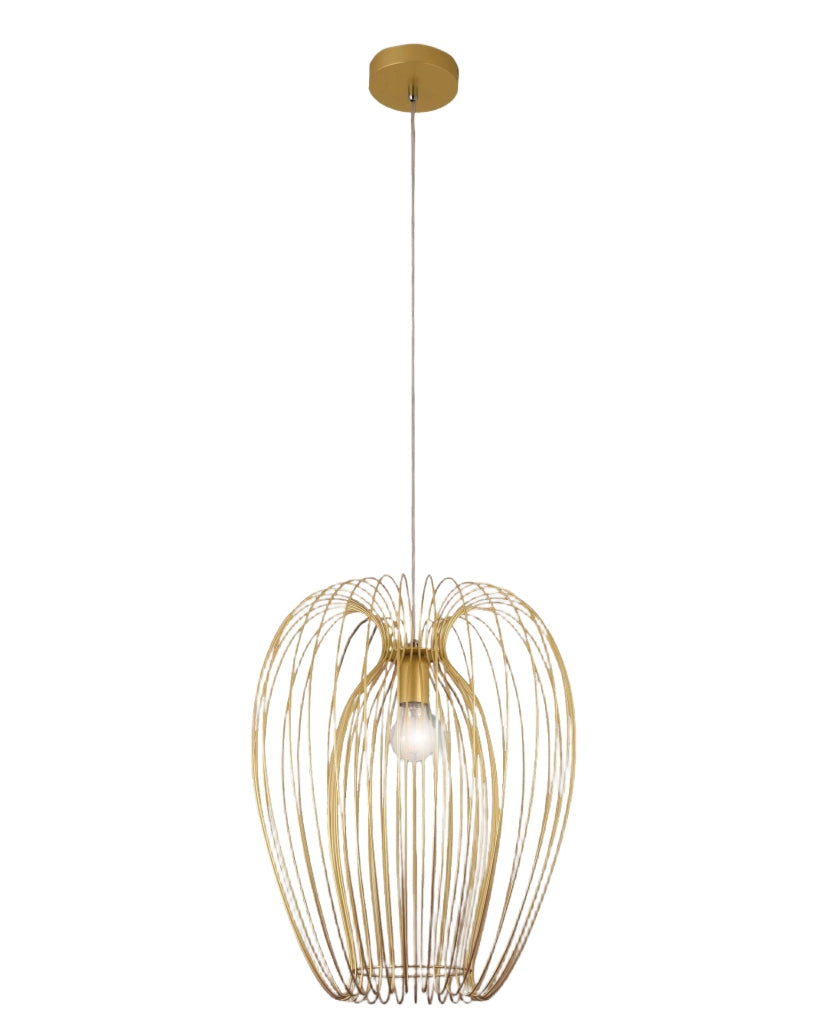 Lampada a sospensione Camp dal design industriale moderno, struttura in metallo, colore Oro opaco, attacco E27, ideale per illuminazione d'interni.