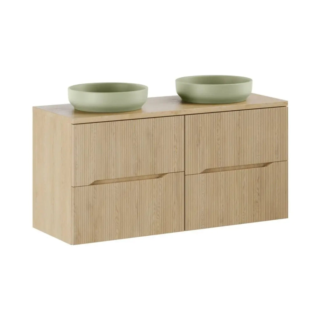 Set da bagno sospeso NATURA 120cm: mobili sotto lavabo 60cm + piano per lavabo + lavabi da appoggio rotondi verdi
