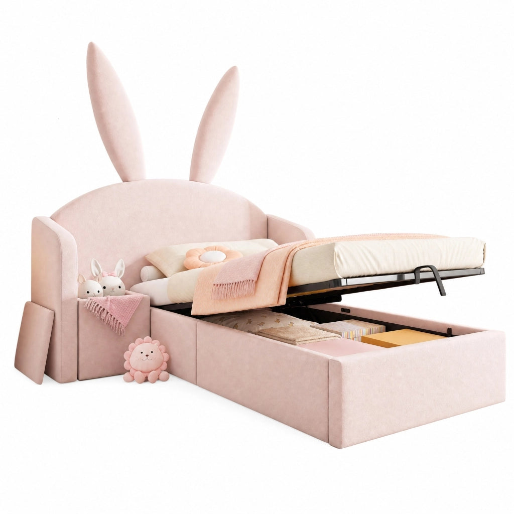 Letto imbottito 90x200 cm rosa con testiera a orecchie di coniglio, comodino contenitore e rete