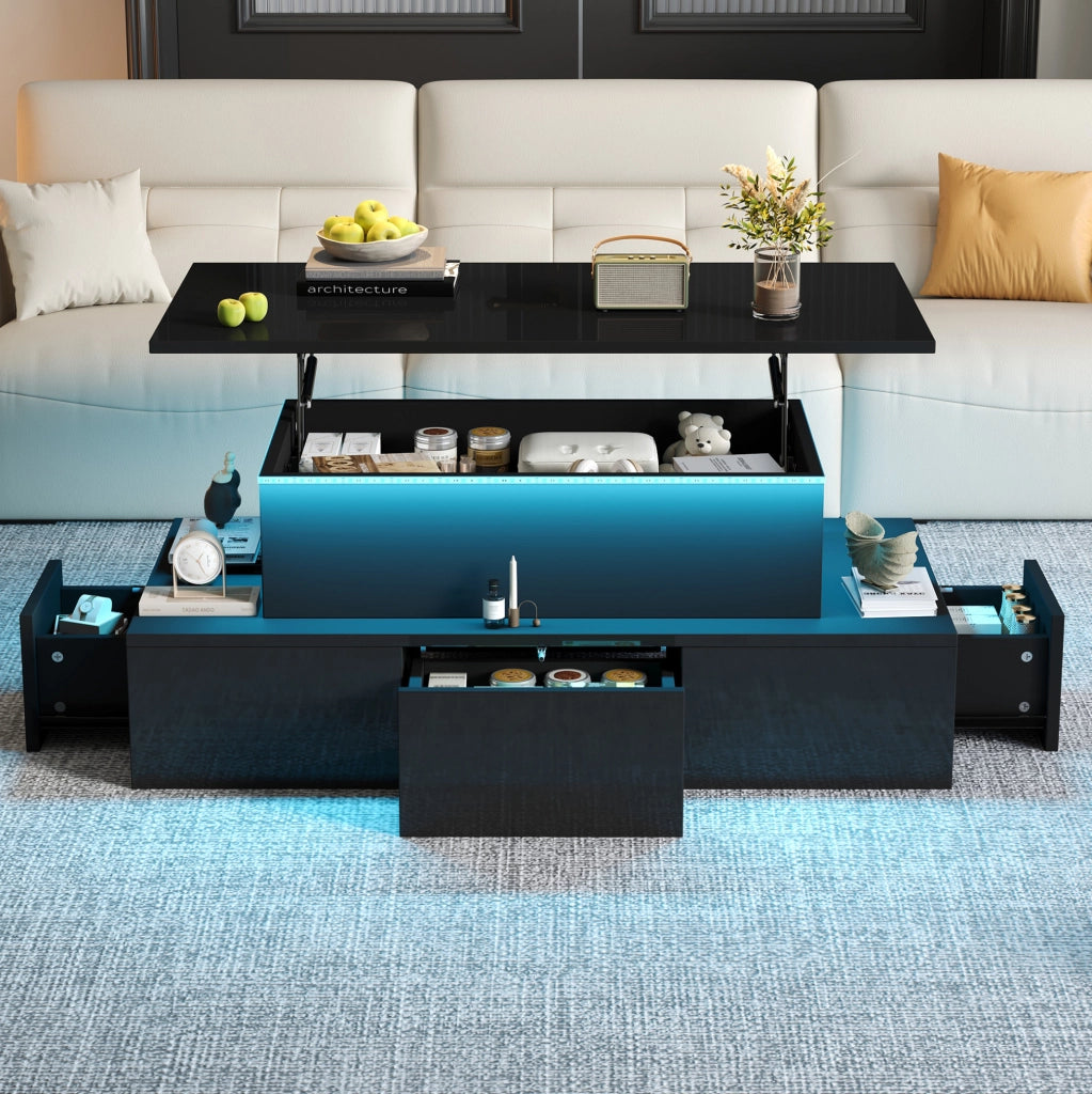 Tavolino da salotto sollevabile 100x50x40 cm nero lucido in MDF con LED e 4 cassetti