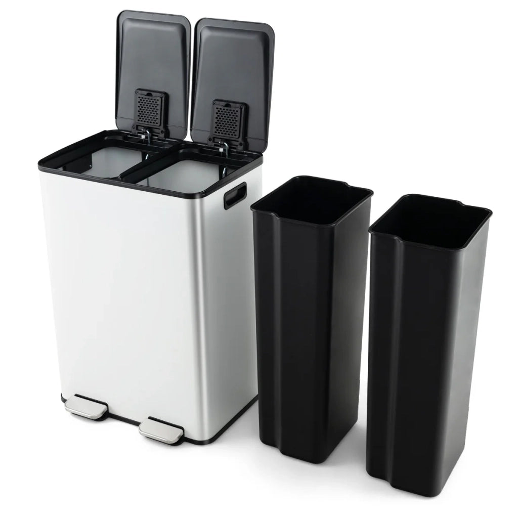 Pattumiera a doppio scomparto 48 x 38 x 67 cm facile da usare con meccanismo di chiusura ammortizzata stile moderno acciaio inox bianco 20_0013240