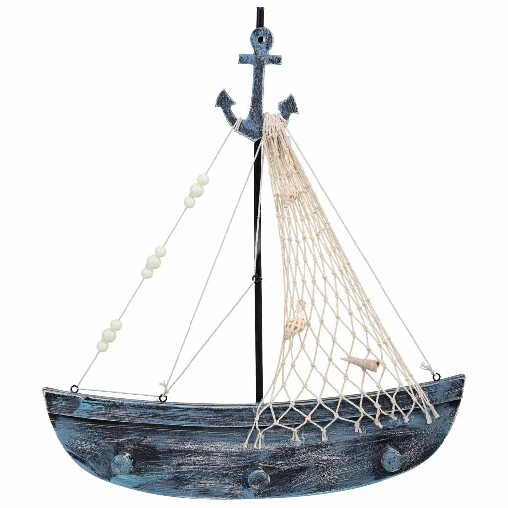 Appendiabiti in legno a forma di barca con 2 ganci, blu, 35x4,5x39h cm