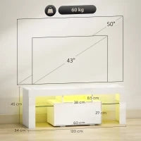 Mobile TV, con illuminazione LED e ripiani in vetro temperato, 120x34x45cm, Bianco
