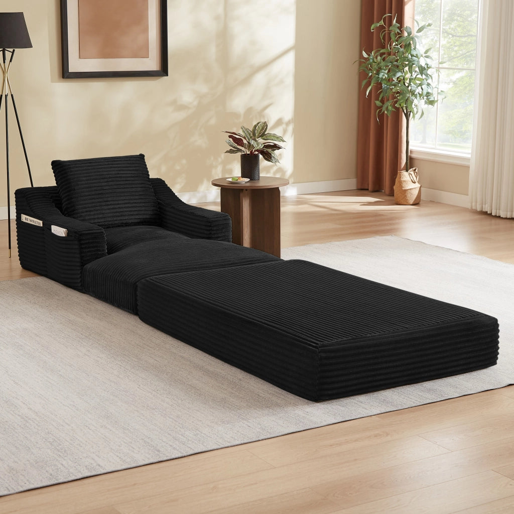 Poltrona reclinabile, poltrona con braccioli, divanetto singolo, velluto a coste, funzione letto, con cuscini, nero