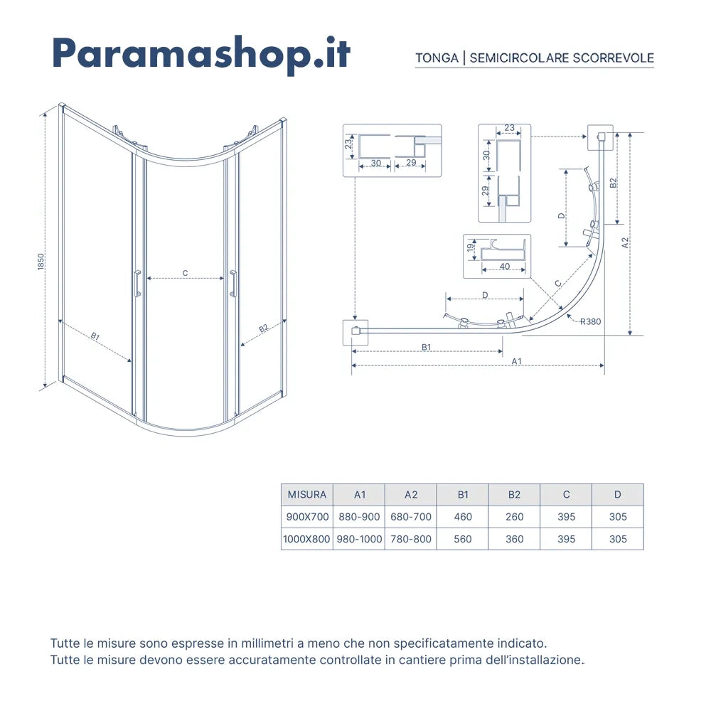 Box doccia semicircolare 80x100 cm profili nero opaco vetro 6mm trasparente h185 | Tonga