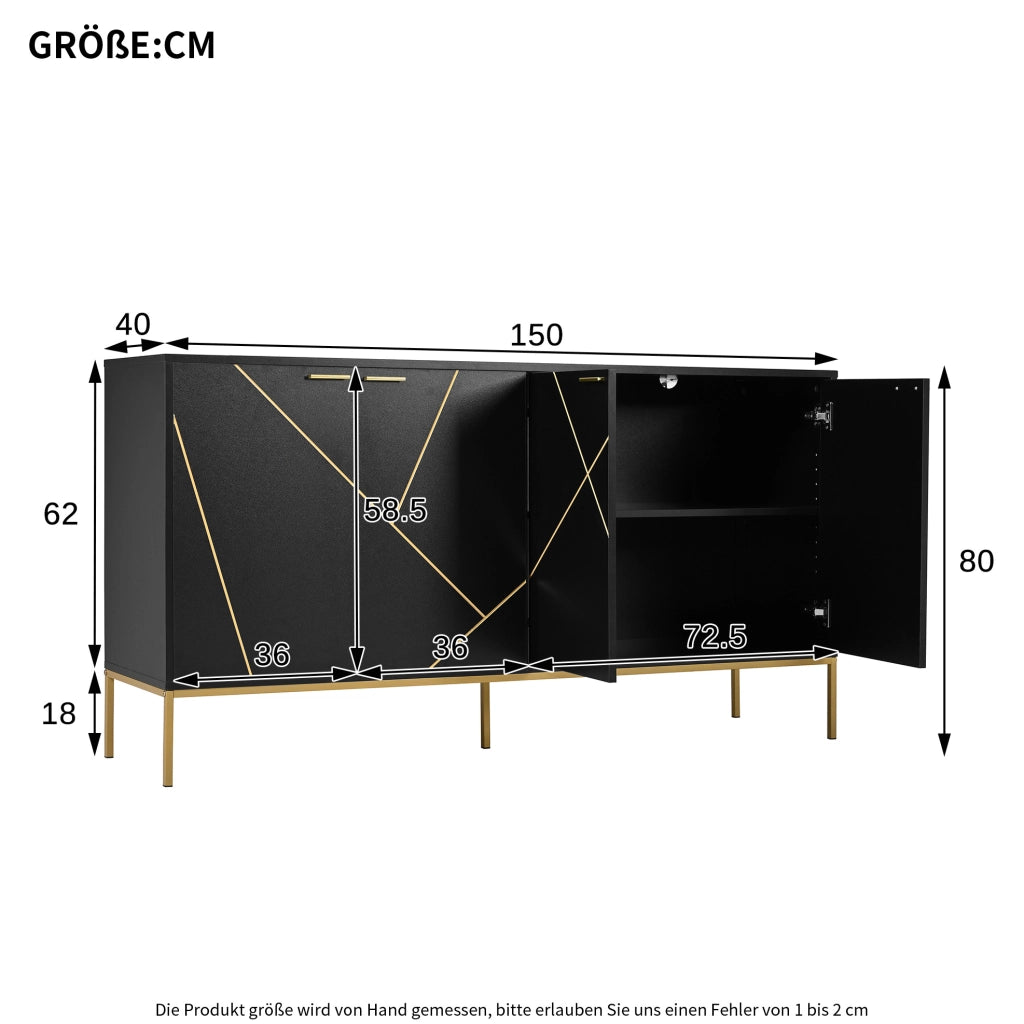Credenza a 4 ante nera e oro con ripiano regolabile, 150x40x80 cm