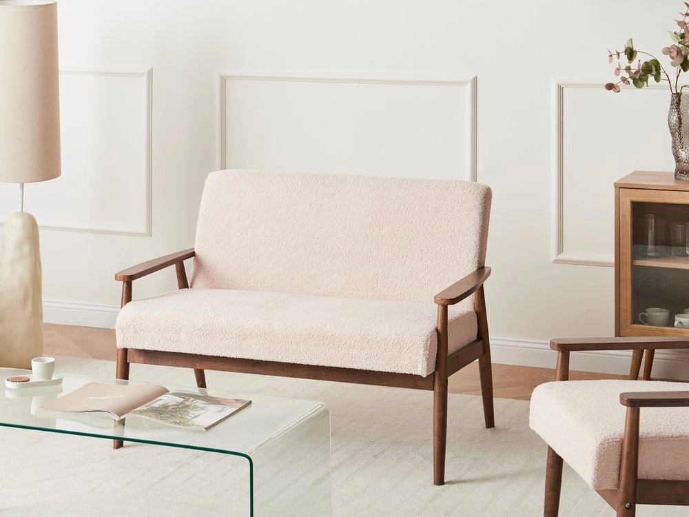 Divano da salotto a 2 posti in bouclé e struttura in legno beige e marrone scuro struttura in legno stile retrò