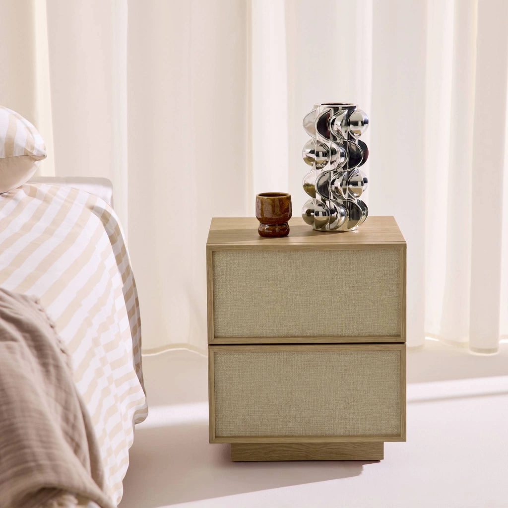 Set di 2 comodini decorati in legno e tessuto con 2 cassetti, 42x48