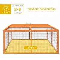 Conigliera da Esterno Pieghevole per 2-3 Roditori con Ingressi Multipli, in Legno e Acciaio, 110x105x50 cm, Arancione