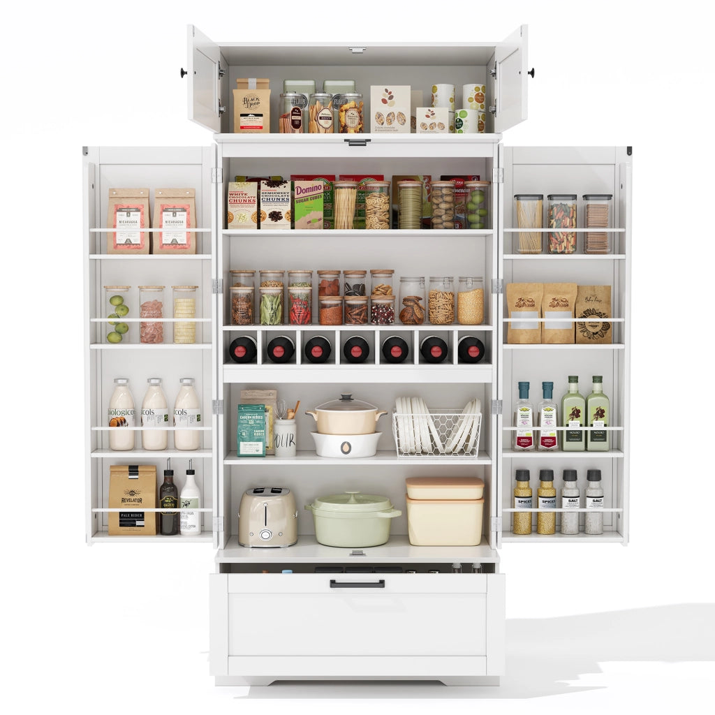 Dispensa alta con ripiani regolabili, 1 cassetto, 7 vani per bottiglie, per cucina e soggiorno, bianco 80 × 40 × 180 cm