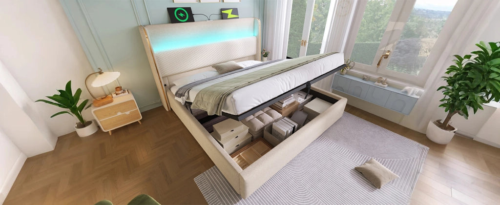 DESMIU Letto matrimoniale 160 × 200 cm 2 posti con LED, USB, Type-C e contenitore idraulico, senza materasso, beige