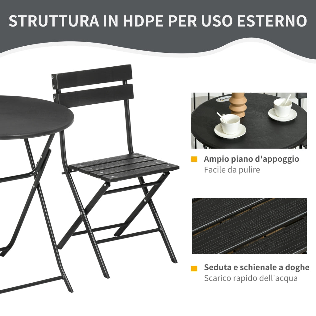 EasyComfort Set da Giardino 3 Pezzi con 2 Sedie e Tavolo Pieghevoli in Acciaio e HDPE, Grigio Scuro